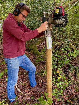 4 timber post installed in a woodland with an Easy Petrol Post Driver
