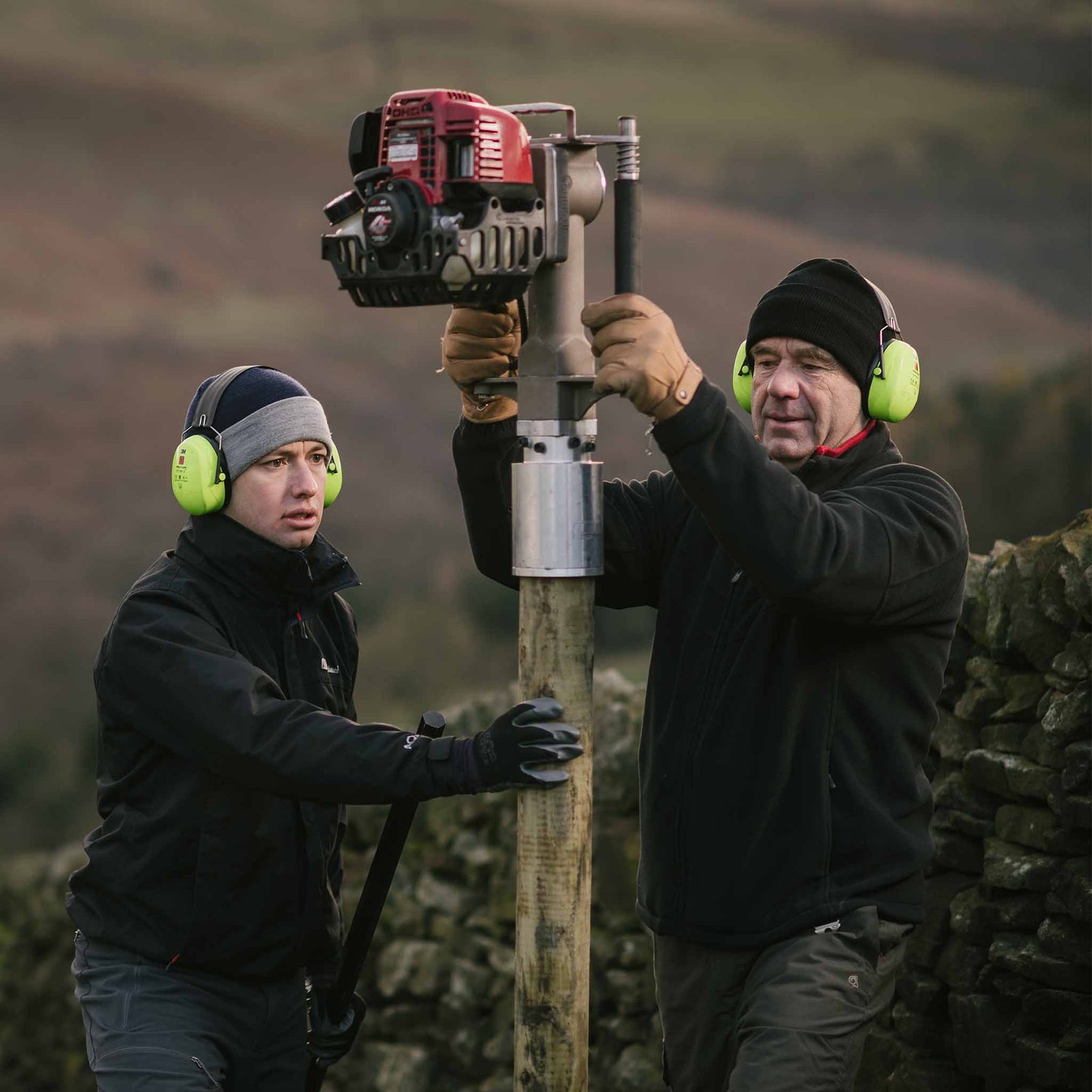 Fencing contractors installing a timber post