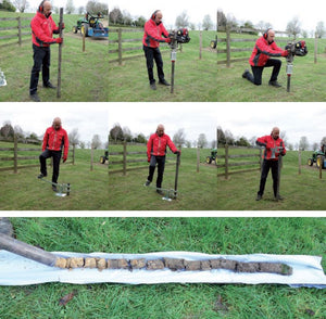 sequence image showing the sampling tube being driven into the ground with the post driver, and then extracted with the Foot Jack, and the soil sample as the end recult