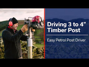 Three different post sizes being installed into farm ground by the easy post driver, 3", 3.5" and 4" round timber posts are inserted.